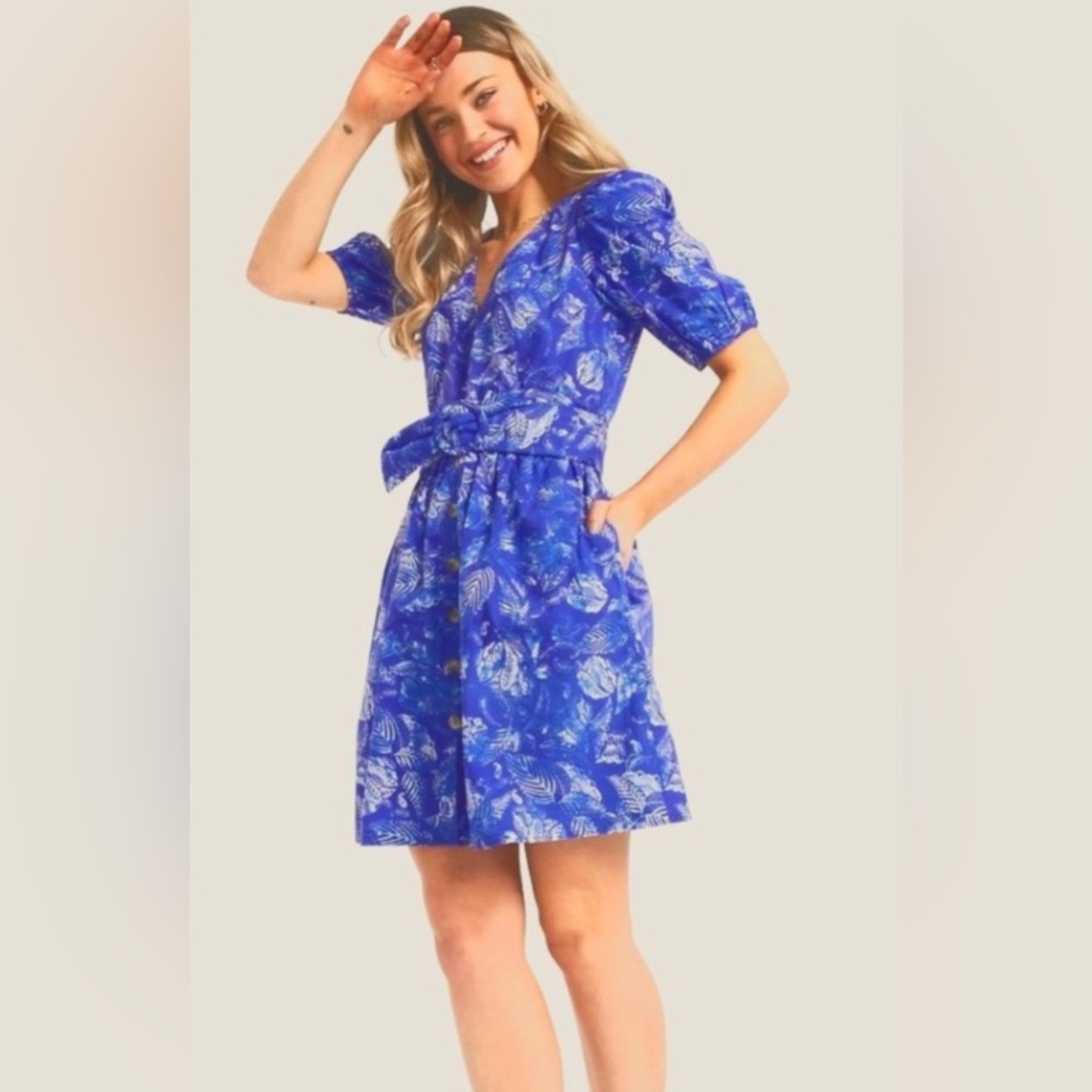 French Connection Blue & White Belted Cotton Dress sz 12 Large NWT